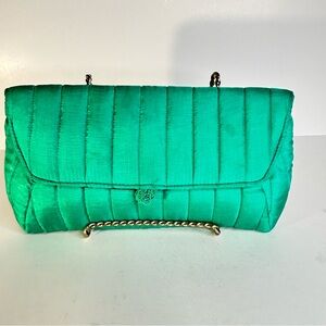 Vintage Victoria Needlework Quilted Green Satin Clutch USA